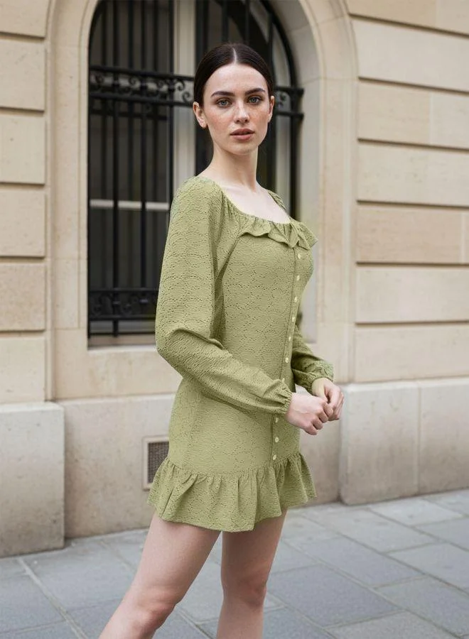 Freehand Women Fitted Textured Square Neck Full Sleeves Mini Dress